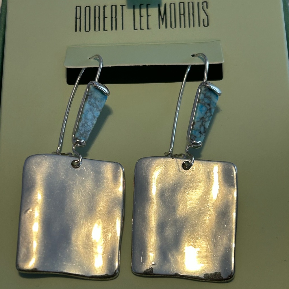 Robert Lee Morris SoHo Silver Square Turquoise stone dangle earrings.